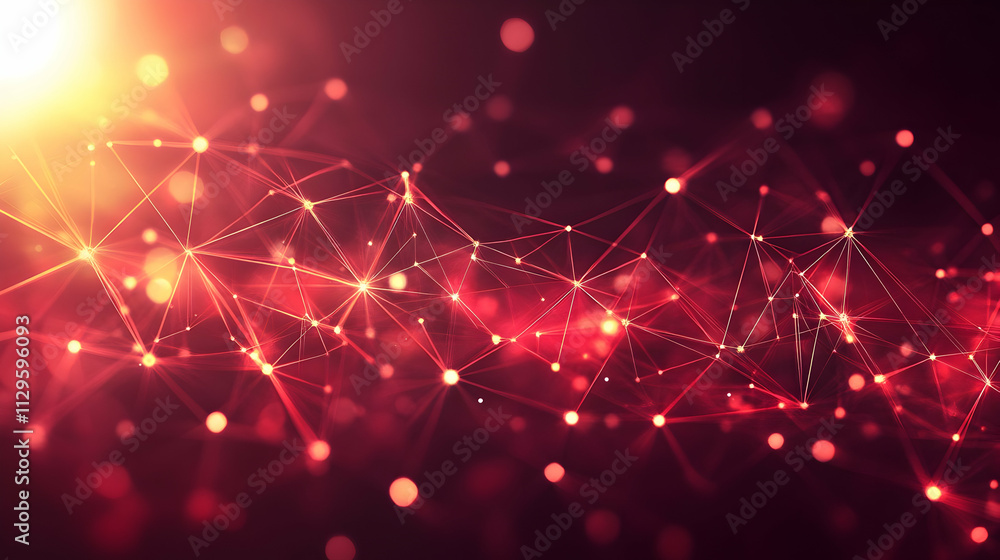 Poster Abstract red network connection background with glowing particles and lines.