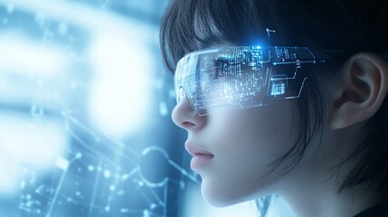 A woman is engaged with augmented reality through smart glasses, displaying digital information in a modern and tech-savvy environment