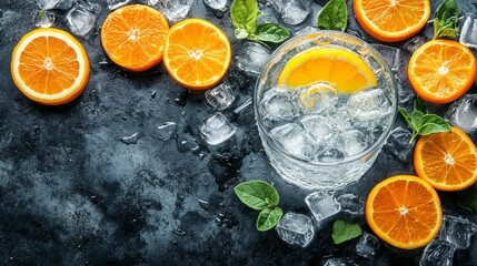 A vibrant cocktail filled with ice is adorned with fresh orange slices and mint leaves, set against a dark backdrop, creating an inviting atmosphere
