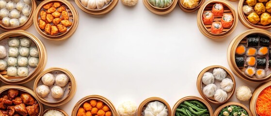 A vibrant assortment of dim sum dishes arranged in bamboo steamers, showcasing various fillings and textures, perfect for a shared lunch experience