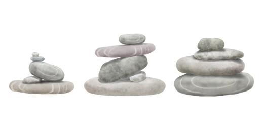 Pyramid of gray smooth stones for meditation in a set. Watercolor illustration in digital format. Stacked pebble in balance and sea pebbles of gray shades isolated on white background. Harmony concept