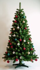 A Christmas tree is depicted against a pristine white backdrop