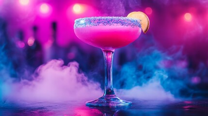 A striking cocktail with a blue rim and lemon slice sits on a bar countertop surrounded by colorful lights and mist, creating an inviting atmosphere for relaxation