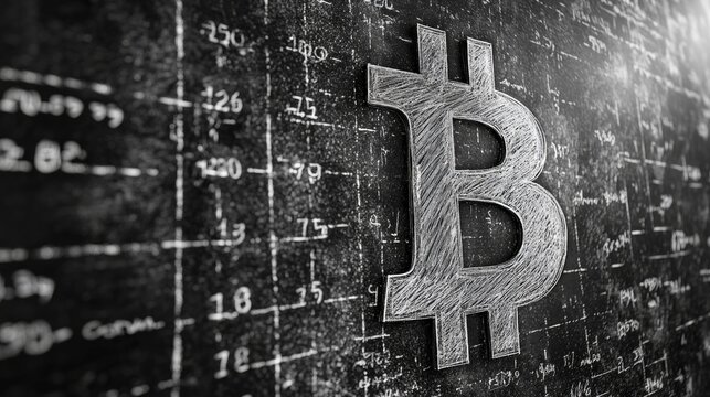 Chalkboard artwork features stylized Bitcoin symbol hand drawn lines black background. playful design highlights vintage chalk textures and modern aesthetics.