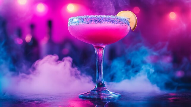 A striking cocktail with a blue rim and lemon slice sits on a bar countertop surrounded by colorful lights and mist, creating an inviting atmosphere for relaxation