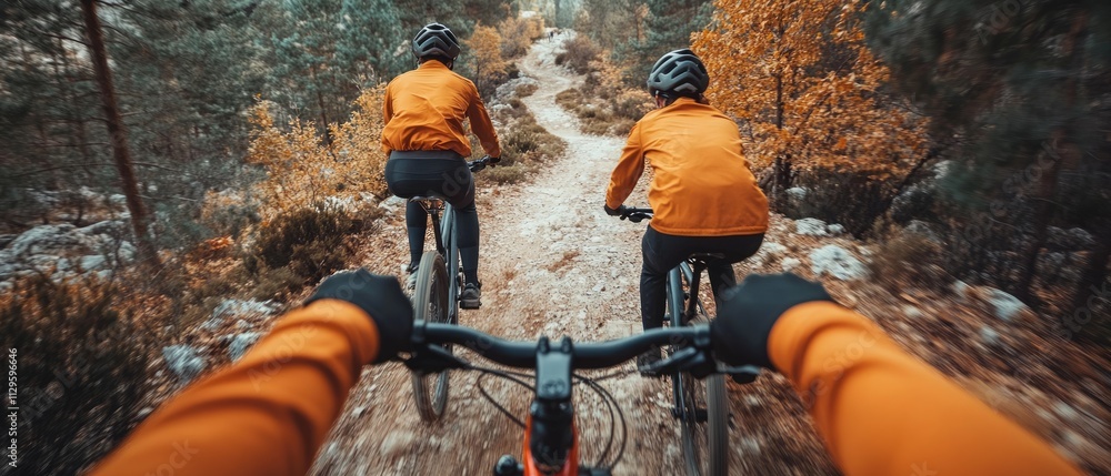 Poster two cyclists navigate a winding forest path surrounded by colorful autumn foliage. they are equipped