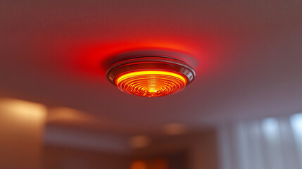 glowing fire alarm strobe light emits a bright warning signal, symbolizing safety, urgency, and emergency response in a blurred environment, conveying the importance of immediate action
