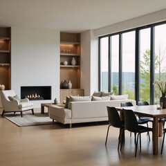 Fototapeta premium A cozy home living room scene featuring a combined dining area fireplace and large window against a mockup backdrop