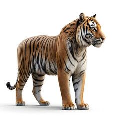 Obraz premium Tiger isolated on a white background, Side view, tiger standing full HD image generated by Ai. full body, realistic, full detail looking at the camera, 