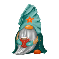 Christmas Gnome Drinking Cocoa: Festive Illustration in Turquoise and Orange Tones