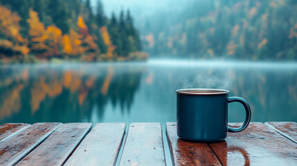 steaming metal mug filled with tea, resting on a rustic wooden table. The warm steam rises gently, evoking a sense of comfort, reflection, and simplicity in a serene atmosphere