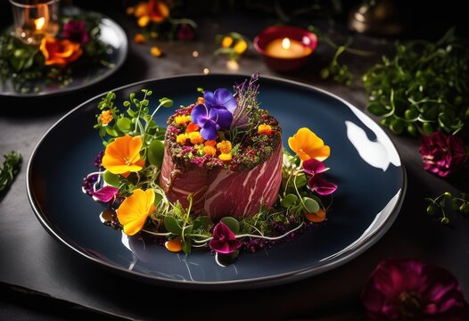 artistic close trendy gourmet meat plating colorful garnishes elegant presentation fine dinnerware, appetizer, brassier, culinary, cuisine, delicate, dining