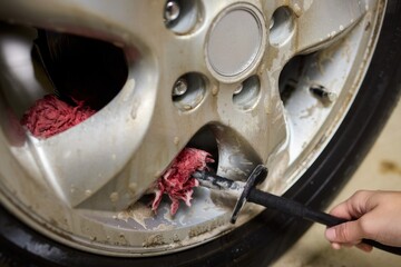 Cleaning car wheel thoroughly with brush and soap for maintenance and shiny result