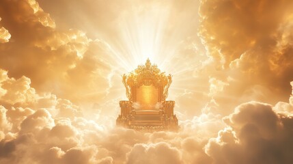 majestic golden throne of god in heaven in the sky surrounded white clouds and divine light. Second coming of Jesus Christ.