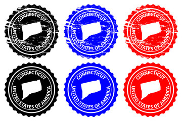Connecticut - rubber stamp - vector, Connecticut (United States of America) map pattern - sticker - black, blue and red 