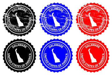 Delaware - rubber stamp - vector, Delaware (United States of America) map pattern - sticker - black, blue and red 