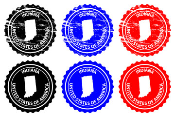Indiana - rubber stamp - vector, Indiana (United States of America) map pattern - sticker - black, blue and red 