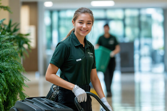 Young cleaning lady smiling and vacuuming floor in office building