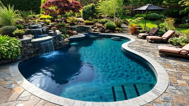 Stunning backyard oasis featuring a modern pool surrounded by lush landscaping and a tranquil waterfall