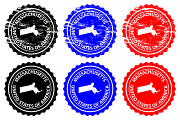 Massachusetts - rubber stamp - vector, Massachusetts (United States of America) map pattern - sticker - black, blue and red 