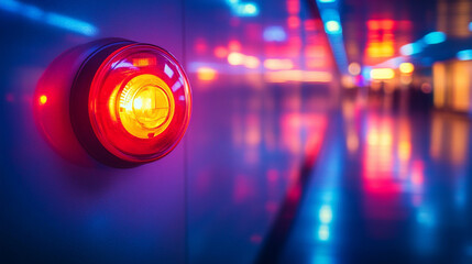 glowing fire alarm strobe light emits a bright warning signal, symbolizing safety, urgency, and emergency response in a blurred environment, conveying the importance of immediate action