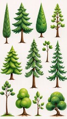 Watercolor set with diverse tree designs for artistic forest  nature work