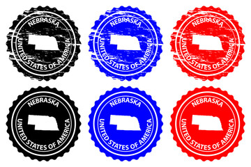 Nebraska - rubber stamp - vector, Nebraska (United States of America) map pattern - sticker - black, blue and red