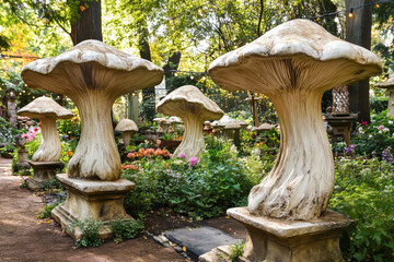 An enchanting garden scene adorned with large outdoor mushroom statues, surrounded by colorful flowers and string lights