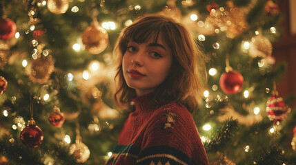 Woman standing in front of a beautifully decorated Christmas tree
