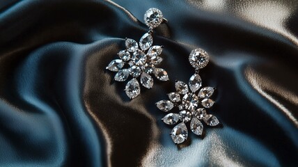 Fototapeta premium A photorealistic professional shot of diamond chandelier earrings on a textured silk backdrop 
