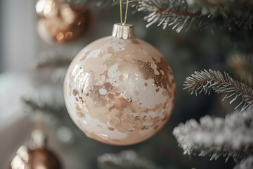 Stylish modern design Christmas baubles balls neutral color beige tones hanging on tree branches close up detail. 