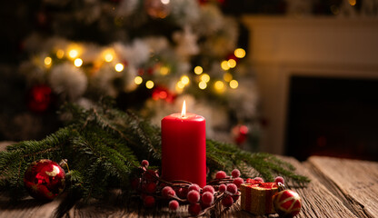  red Christmas Candle on rustic wood