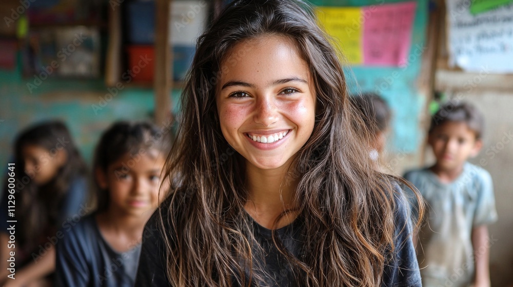 Poster a joyful volunteer smiles as she teaches basic math to eager children in a colorful classroom. her e