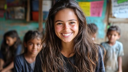 A joyful volunteer smiles as she teaches basic math to eager children in a colorful classroom. Her enthusiasm creates an engaging learning environment that encourages curiosity