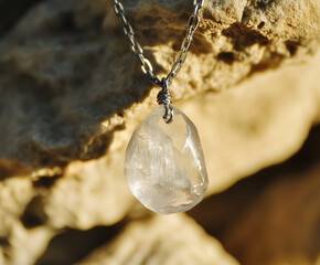 Clear quartz gemstone close-up with natural rustic beauty