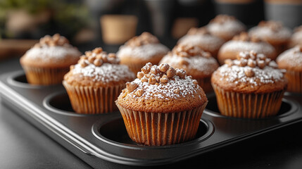 Freshly baked muffins resting in a muffin pan, showcasing their golden, inviting texture and soft appearance, symbolizing warmth, comfort, and the satisfaction of homemade goodness