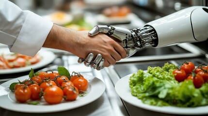 A human and robot handshake cooking food in a kitchen, symbolizing collaboration, innovation, and the role of artificial intelligence in modern culinary technology