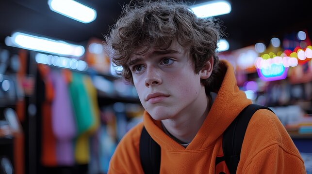 A thoughtful teenage boy with curly hair wearing an orange hoodie in a colorful store.