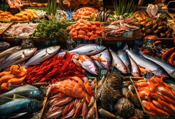 colorful seafood market display featuring fresh succulent crustaceans vibrant arrangement people present, fish, shellfish, freshness, variety, sale, produce