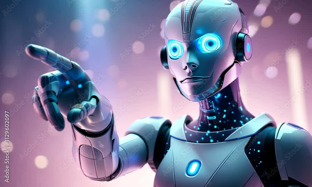 Poster cartoon robot pointing hand. humanoid robot, innovative technology.