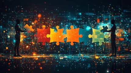 Fototapeta premium Abstract human figures holding puzzle pieces that connect to form a unified design.