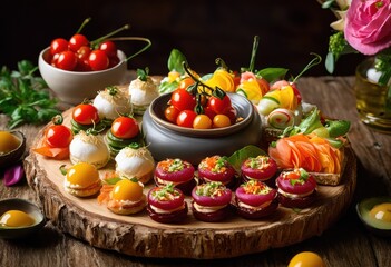 Obraz premium vibrant diverse close display appetizers featuring various arrangements captivating culinary experience, selection, diversity, cuisine, color, texture