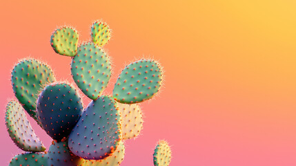 A charming and whimsical cactus with realistic yet cute features, vibrant green tones, and playful details, placed against a warm gradient background transitioning from pink to orange