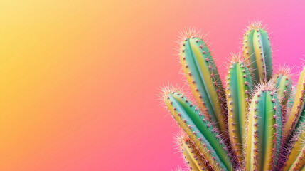 A charming and whimsical cactus with realistic yet cute features, vibrant green tones, and playful details, placed against a warm gradient background transitioning from pink to orange