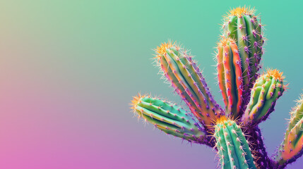 A  cactus with realistic yet cute features, vibrant green tones, and playful details, placed against a warm gradient background transitioning from green to orange