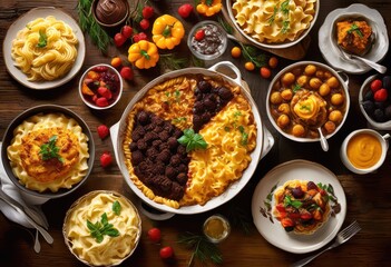 luscious close display colorful comfort foods including rich crispy fried creamy hearty sides rustic table, appetizing, baked, banquet, desserts, bread