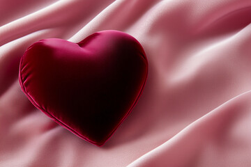 A heart-shaped design in rich burgundy velvet, showcasing detailed fabric texture illuminated by gentle lighting, set against a smooth pastel pink backdrop for a sophisticated and romantic aesthetic.