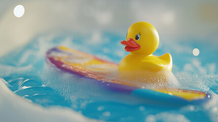 A rubber duck joyfully riding a brightly colored surfboard amid bubbly waves in a bathtub, illuminated by soft lighting with sparkling reflections, creating a playful and lively scene.