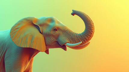 Graceful Elephant Close-Up with Raised Trunk Against a Soft Yellow-Green Gradient