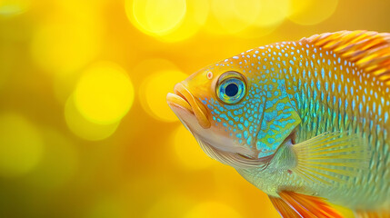 close-up of flying rainbow-colored fish, pastel gradient background blending soft blue and greens